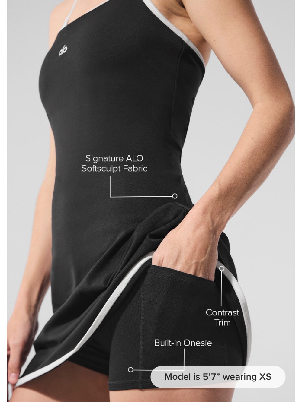 100% Authentic from the store! ALO Yoga Black Mini Dress with White Trim - Picture 3 of 8